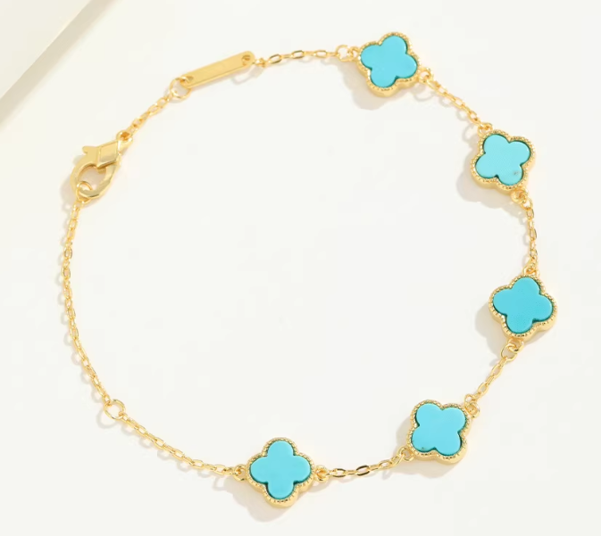 Sterling Silver 925 with 18K Gold Plating Authentic Natural Turquoise Four-Leaf Clover Minimalist Versatile Women's Bracelet