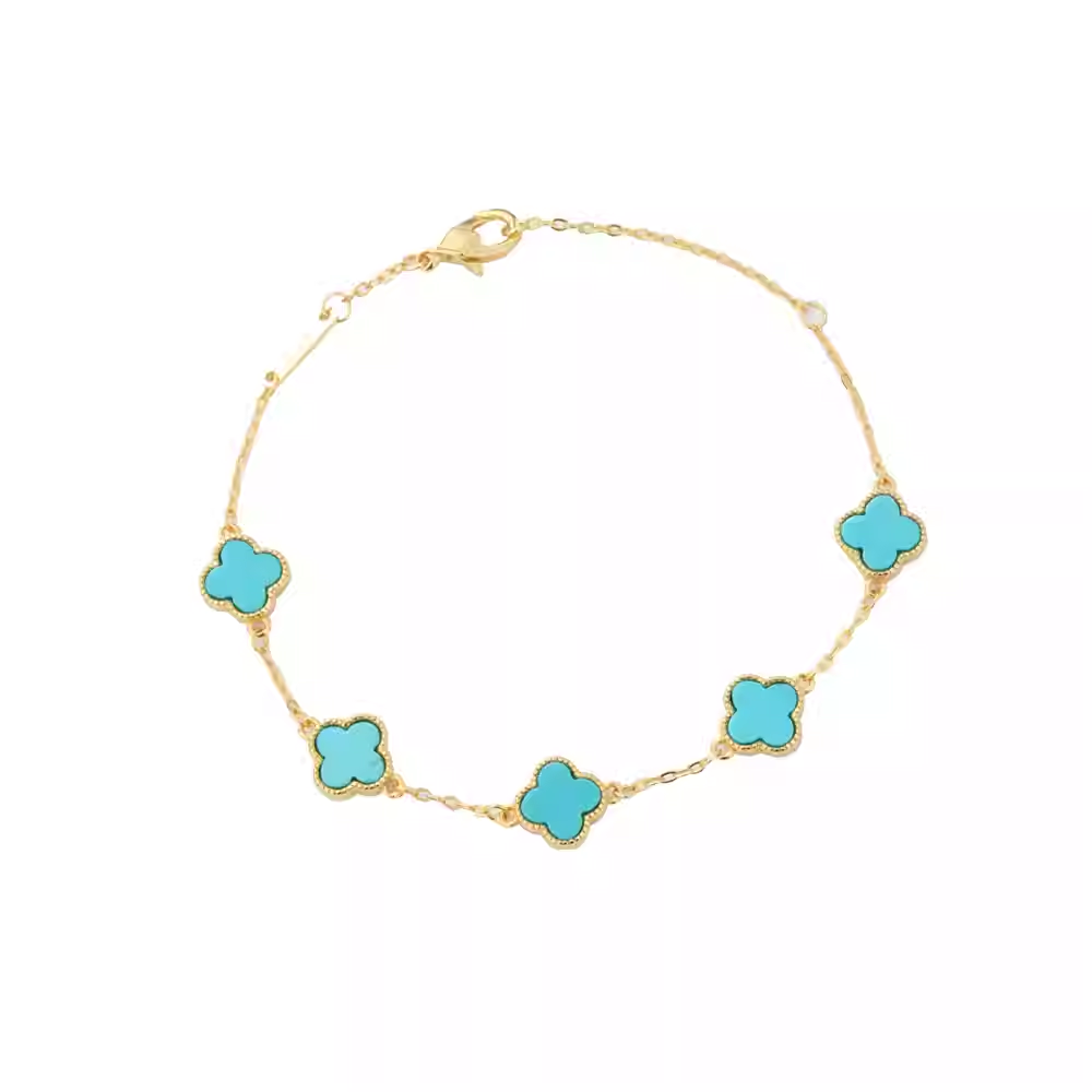 Sterling Silver 925 with 18K Gold Plating Authentic Natural Turquoise Four-Leaf Clover Minimalist Versatile Women's Bracelet