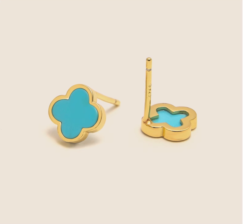 Sterling Silver 925 with 18K Gold Plating Authentic Natural Turquoise Four-Leaf Clover Minimalist Versatile Women's Stud Earrings