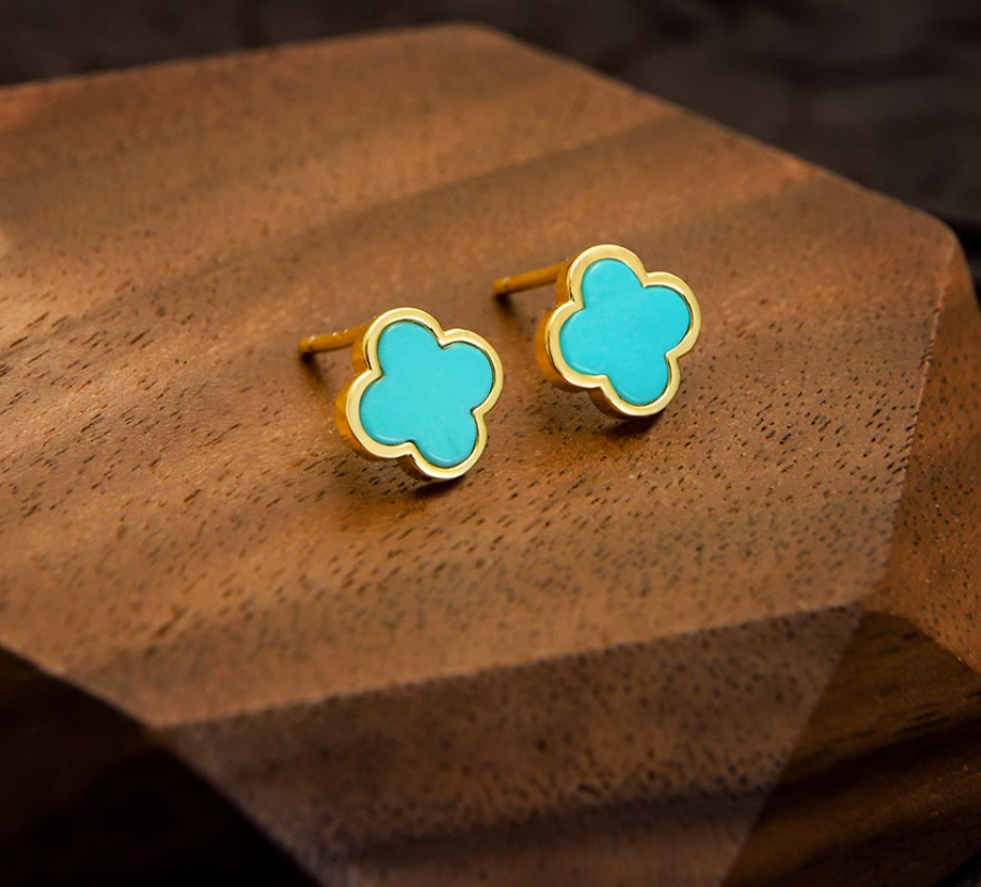 Sterling Silver 925 with 18K Gold Plating Authentic Natural Turquoise Four-Leaf Clover Minimalist Versatile Women's Stud Earrings