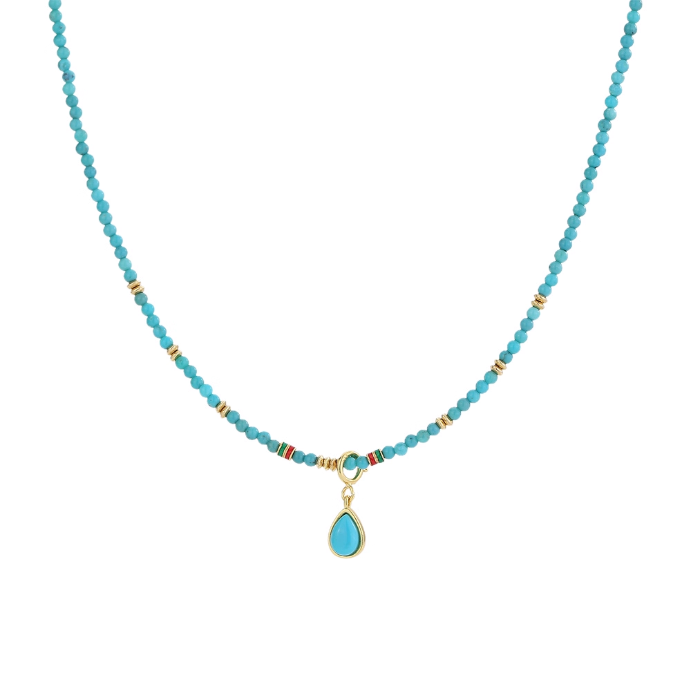 Sterling Silver 925 with 18K Gold Plating Natural Turquoise Round Bead Teardrop Pendant Necklace