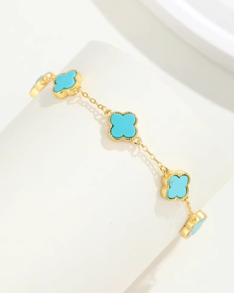 Sterling Silver 925 with 18K Gold Plating Authentic Natural Turquoise Four-Leaf Clover Minimalist Versatile Women's Bracelet