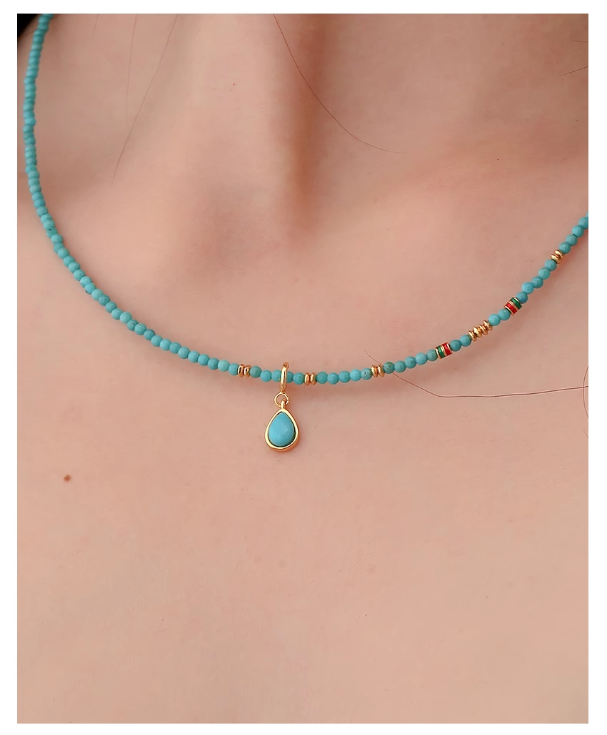 Sterling Silver 925 with 18K Gold Plating Natural Turquoise Round Bead Teardrop Pendant Necklace