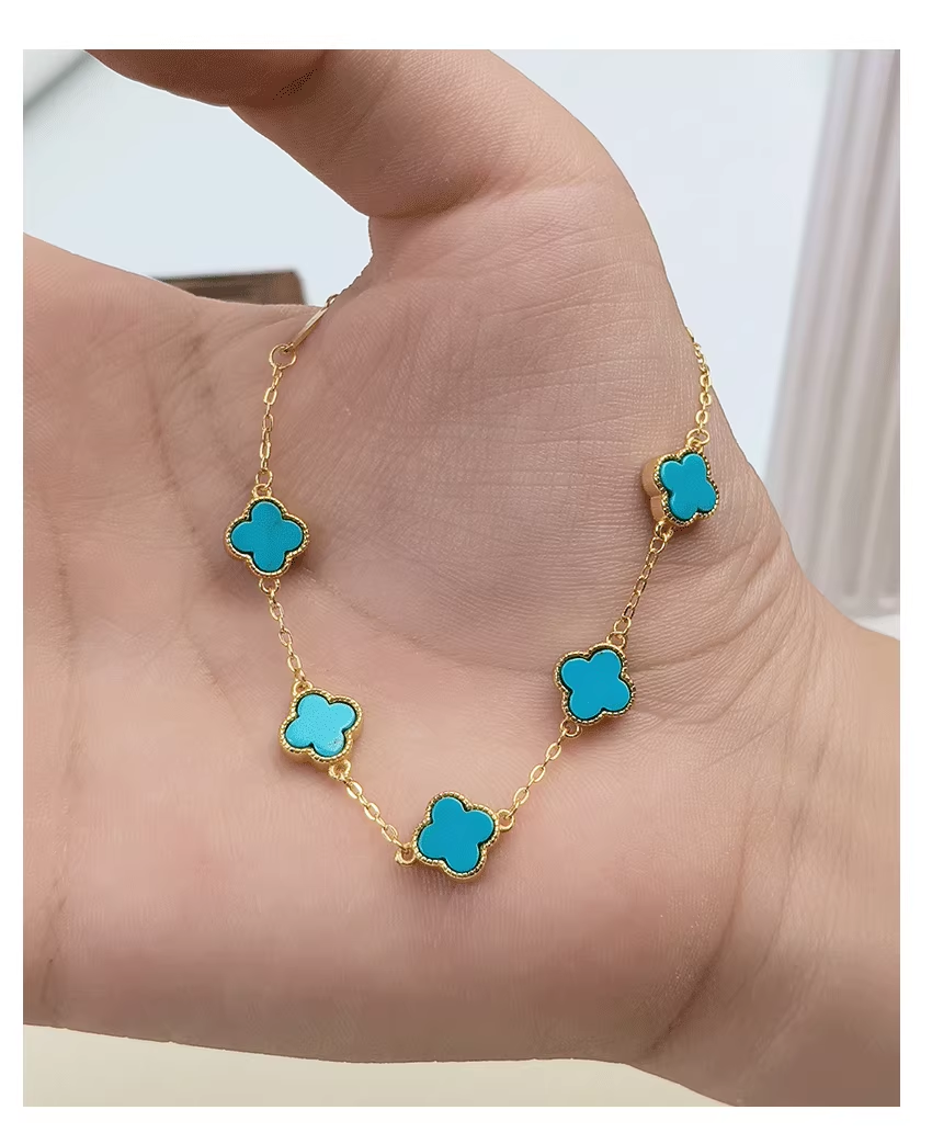 Sterling Silver 925 with 18K Gold Plating Authentic Natural Turquoise Four-Leaf Clover Minimalist Versatile Women's Bracelet
