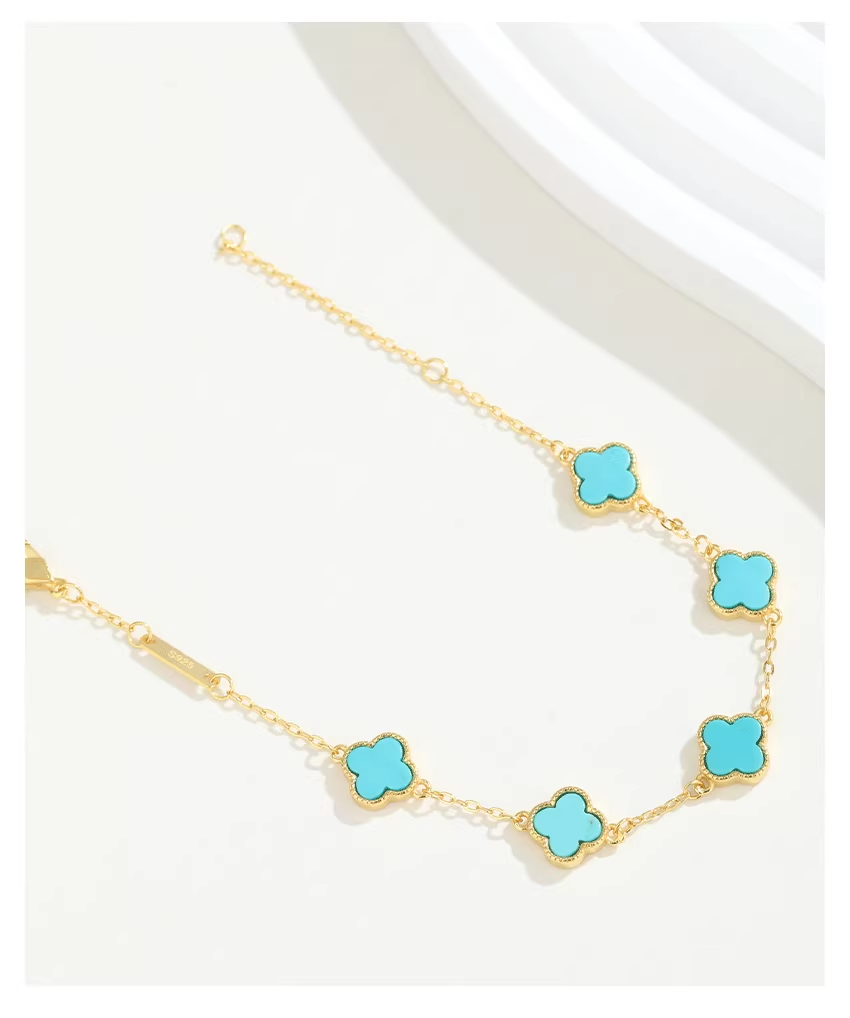 Sterling Silver 925 with 18K Gold Plating Authentic Natural Turquoise Four-Leaf Clover Minimalist Versatile Women's Bracelet