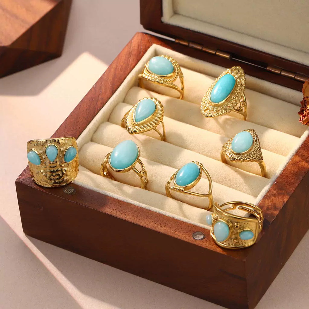 Natural Stone Turquoise Ring – Non-Fading Titanium Steel Vintage