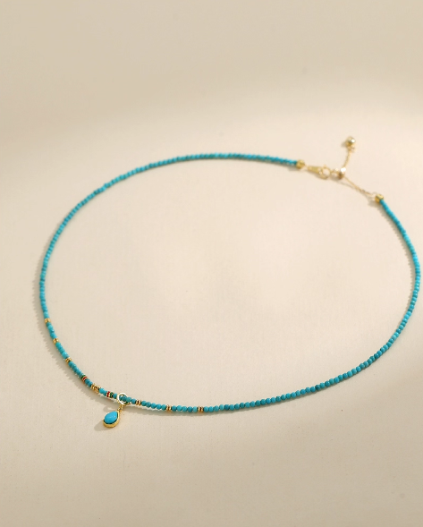 Sterling Silver 925 with 18K Gold Plating Natural Turquoise Round Bead Teardrop Pendant Necklace