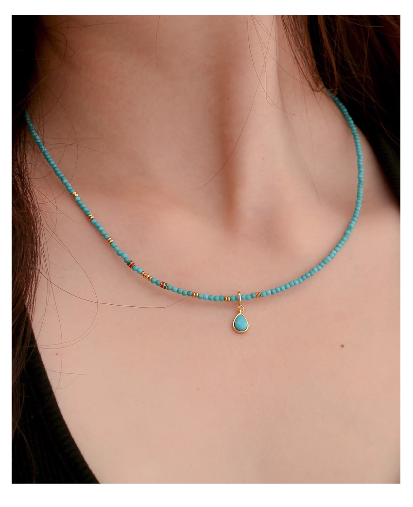 Sterling Silver 925 with 18K Gold Plating Natural Turquoise Round Bead Teardrop Pendant Necklace