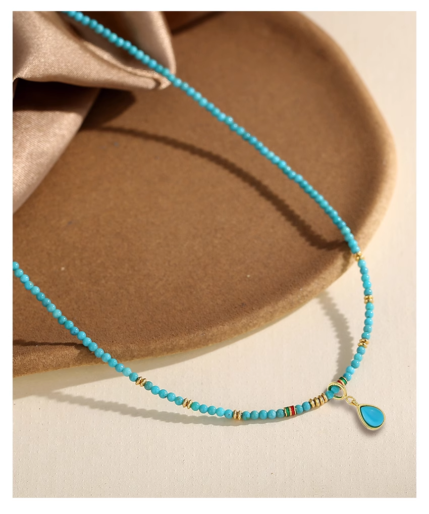 Sterling Silver 925 with 18K Gold Plating Natural Turquoise Round Bead Teardrop Pendant Necklace