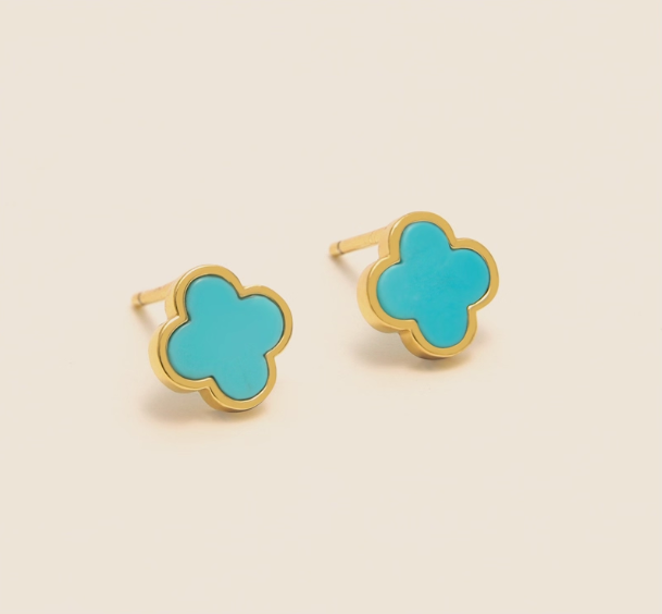 Sterling Silver 925 with 18K Gold Plating Authentic Natural Turquoise Four-Leaf Clover Minimalist Versatile Women's Stud Earrings